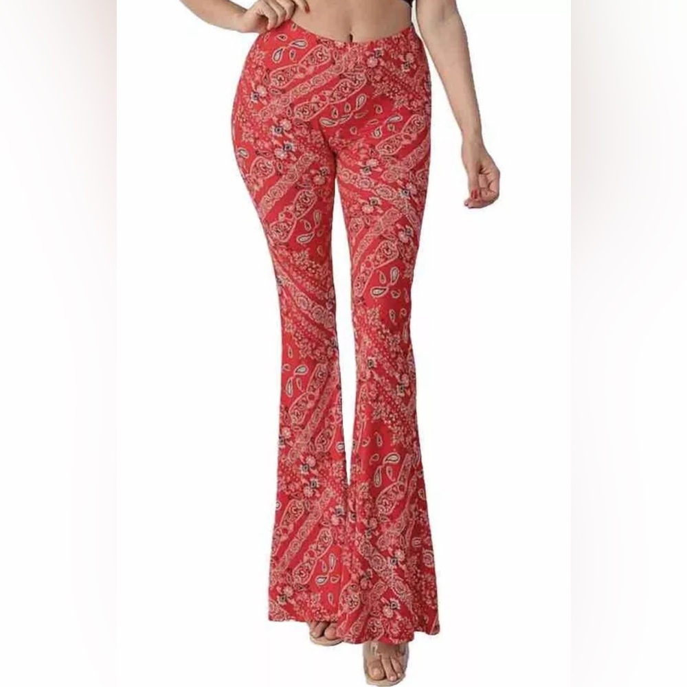 Western Vibes Red Bandana Bell Bottoms Flare Legging Pants New Biker Festival